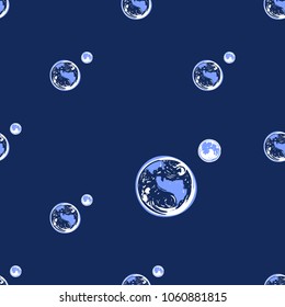 Cosmos patches seamless pattern design with planet Earth with moon in doodle style. Cute kids cosmic print on black blue background.
