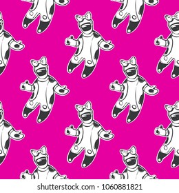 Cosmos patches seamless pattern design with girl astronaut in space suit with bow-knot in doodle style. Cute kids cosmic print black white on bright pink background.