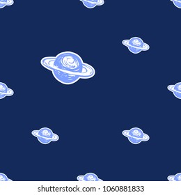 Cosmos patches seamless pattern design with saturn planet in doodle style. Cute kids cosmic print on black blue background.