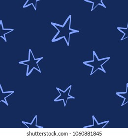 Cosmos patches seamless pattern design with cute star in doodle style. Cute kids cosmic print on black blue background.