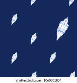 Cosmos patches seamless pattern design with space ship or rocket in doodle style. Cute kids cosmic print on black blue background.