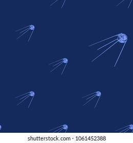 Cosmos patches seamless pattern design with retro satellite in doodle style. Cute kids cosmic print on black blue background.