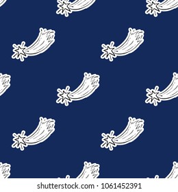 Cosmos patches seamless pattern design with falling star in doodle style. Cute kids cosmic print on black blue background.