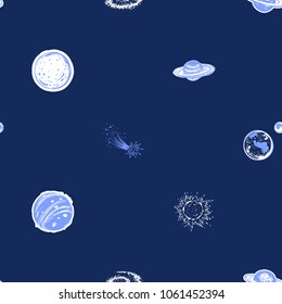 Cosmos patches seamless pattern design with comet, galaxy spiral, sun, Saturn planet, Earth and Moon, planets in doodle style. Cute kids cosmic print on black blue background.
