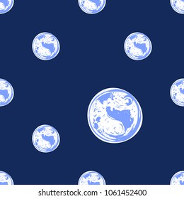 Cosmos patches seamless pattern design with planet Earth in doodle style. Cute kids cosmic print on black blue background.