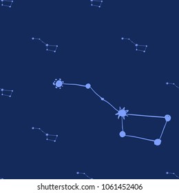 Cosmos patches seamless pattern design with small bear constellation in doodle style. Cute kids cosmic print on black blue background.