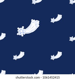 Cosmos patches seamless pattern design with falling star in doodle style. Cute kids cosmic print on black blue background.