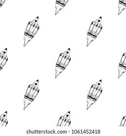 Cosmos patches seamless pattern design with space ship or rocket in doodle style. Cute kids cosmic print black on white background.