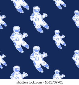 Cosmos patches seamless pattern design with happy astronaut showing thumb up in doodle style. Cute kids cosmic print on black blue background.