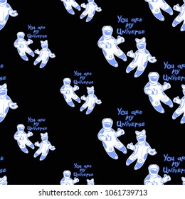 Cosmos patches seamless pattern design with lovely astronaut couple in doodle style. Cute kids cosmic print on black blue background.