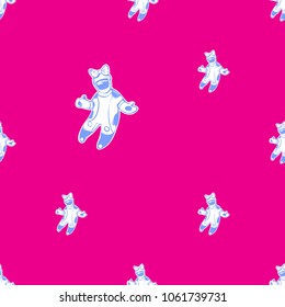 Cosmos patches seamless pattern design with girl astronaut in space suit with bow-knot in doodle style. Cute kids cosmic print white blue on pink background.