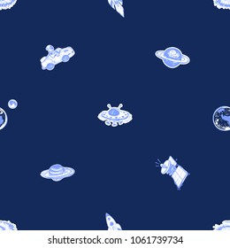 Cosmos patches seamless pattern design with ufo, galaxy spiral, earth and moon, Saturn, modern satellite, fly rocket, car in the space in doodle style. Cute kids cosmic print on black blue background.