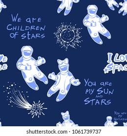 Cosmos patches seamless pattern design with astronauts, comets, suns and inscriptions in doodle style. Cute kids cosmic print on black blue background.