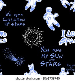 Cosmos patches seamless pattern design with astronauts, comets, suns and inscriptions in doodle style. Cute kids cosmic print on black blue background.