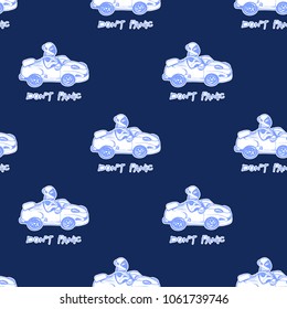 Cosmos patches seamless pattern design with cosmic electric car and don't panic inscription in doodle style. Cute kids cosmic print with white space cars on black blue background.