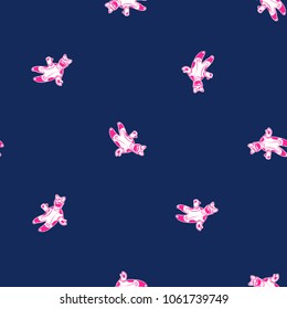 Cosmos patches seamless pattern design with girl astronaut in space suit with bow-knot in doodle style. Cute kids cosmic print pink bright on black blue background.