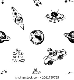 Cosmos patches seamless pattern design with ufo, constellation, Saturn planet, earth, flying rocket, space car, astronaut in doodle style. Cute kids cosmic print black on white background.
