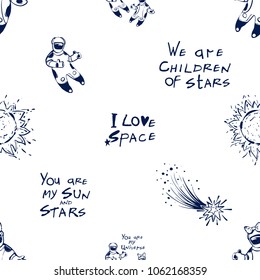 Cosmos patches seamless pattern design with astronauts, comets, suns and inscriptions in doodle style. Cute kids cosmic print black on white background.