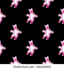 Cosmos patches seamless pattern design with girl astronaut in space suit with bow-knot in doodle style. Cute kids cosmic print pink white on black background.