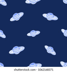 Cosmos patches seamless pattern design with saturn in doodle style. Cute kids cosmic print on blue background.