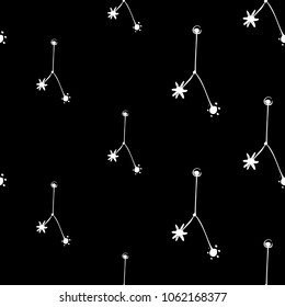 Cosmos patches seamless pattern design with star constellation in doodle style. Cute kids cosmic print on black blue background.