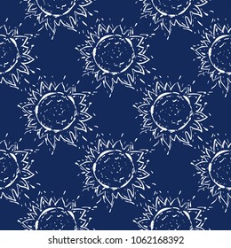Cosmos patches seamless pattern design with sun in doodle style. Cute kids cosmic print on black blue background.