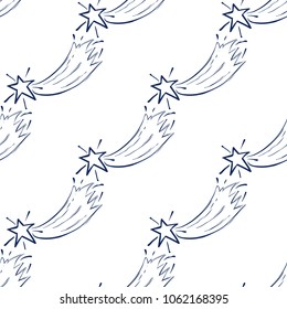 Cosmos patches seamless pattern design with falling star in doodle style. Cute kids cosmic print black on white  background.