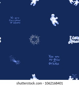 Cosmos patches seamless pattern design with astronauts, comets, suns and inscriptions in doodle style. Cute kids cosmic print on blue background.