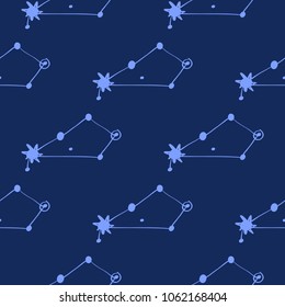 Cosmos patches seamless pattern design with asterism or constellation in doodle style. Cute kids cosmic print on black blue background.
