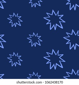 Cosmos patches seamless pattern design with big star in doodle style. Cute kids cosmic print on black blue background.