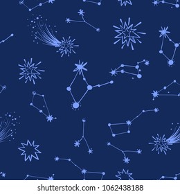 Cosmos patches seamless pattern design with comets, shiny stars, star constellation and groups, asterism, small bear constellation in doodle style. Cute kids cosmic print on black blue background.