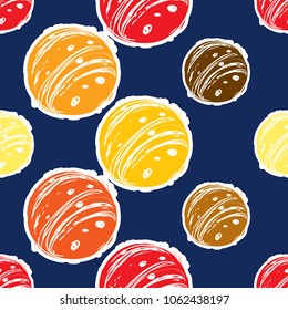 Cosmos patches seamless pattern design with planet in doodle style. Cute kids cosmic print yellow red on black blue background.