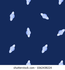 Cosmos patches seamless pattern design with saturn in doodle style. Cute kids cosmic print on black blue background.