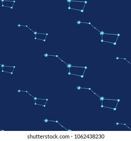 Cosmos patches seamless pattern design with small bear constellation in doodle style. Cute kids cosmic print on black blue background.
