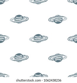 Cosmos patches seamless pattern design with saturn in doodle style. Cute kids cosmic print gray blue on white background.