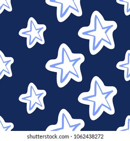 Cosmos patches seamless pattern design with star in doodle style. Cute kids cosmic print on black blue background.