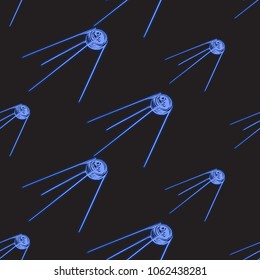 Cosmos patches seamless pattern design with retro satellite in doodle style. Cute kids cosmic print on black blue background.