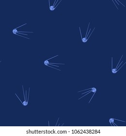 Cosmos patches seamless pattern design with retro satellite in doodle style. Cute kids cosmic print on black blue background.