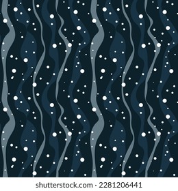 El patrón cosmos de partículas móviles azules en forma de líneas curvas es un patrón a rayas en un estilo moderno, ondas verticales con estrellas. Diseño geométrico abstracto futurista oscuro en vector