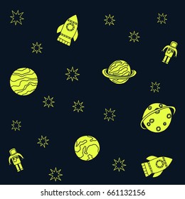 Cosmos pattern in neon color on black background. Hand drawn space objects with stars, planets, astronauts, and planets in doodle style.