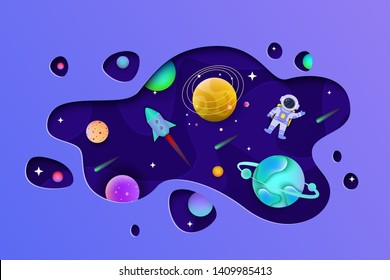 Cosmos with planets and astronaut inside shape cut out from paper flat style, vector illustration on blue background. Galaxy space with rocket and comets and stars, paper art concept