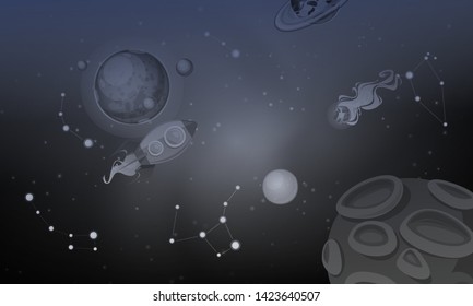 Cosmos with planets banner vector illustration. Spaceship travel to new planets and galaxies. Space trip future technology. onstellation, stars with moon. Rocket in outer space.