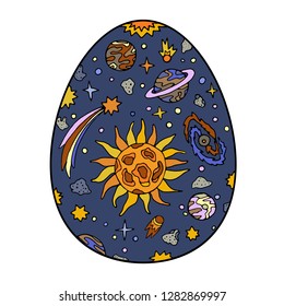 Cosmos - planets and celestial bodies.. Hand draw colored illustration in egg shaped, Easter thematic. Vector design element.