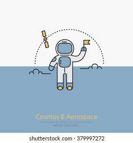 Cosmos poster with cosmonaut  in modern line style. Can use for card, handbags, T-shirts
