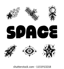 Cosmos print. Black vector illustration. Nursery poster