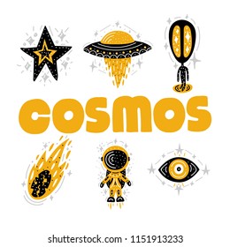 Cosmos print. Black vector illustration. Nursery poster