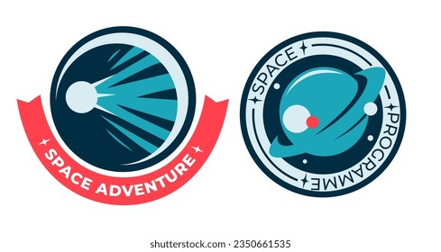 Cosmos program and adventure in space, isolated banners or icons with planets and celestial bodies, stars and shining illumination. Universe and galaxy exploration. Vector in flat style illustration