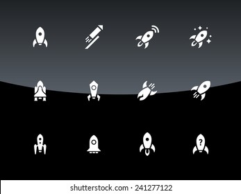 Cosmos rocket icons on black background. Vector illustration.