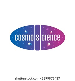 cosmos and science logo in ellipse. cosmos-science logo for education, business, space world. starry cosmos and science words concept