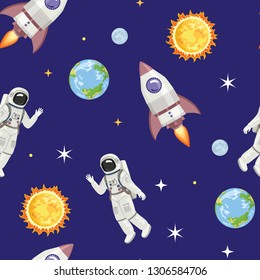 Cosmos seamless pattern. Astronaut, rocket, earth, sun, moon, stars. Vector illustration of cosmonaut and spaceship in cartoon flat style.